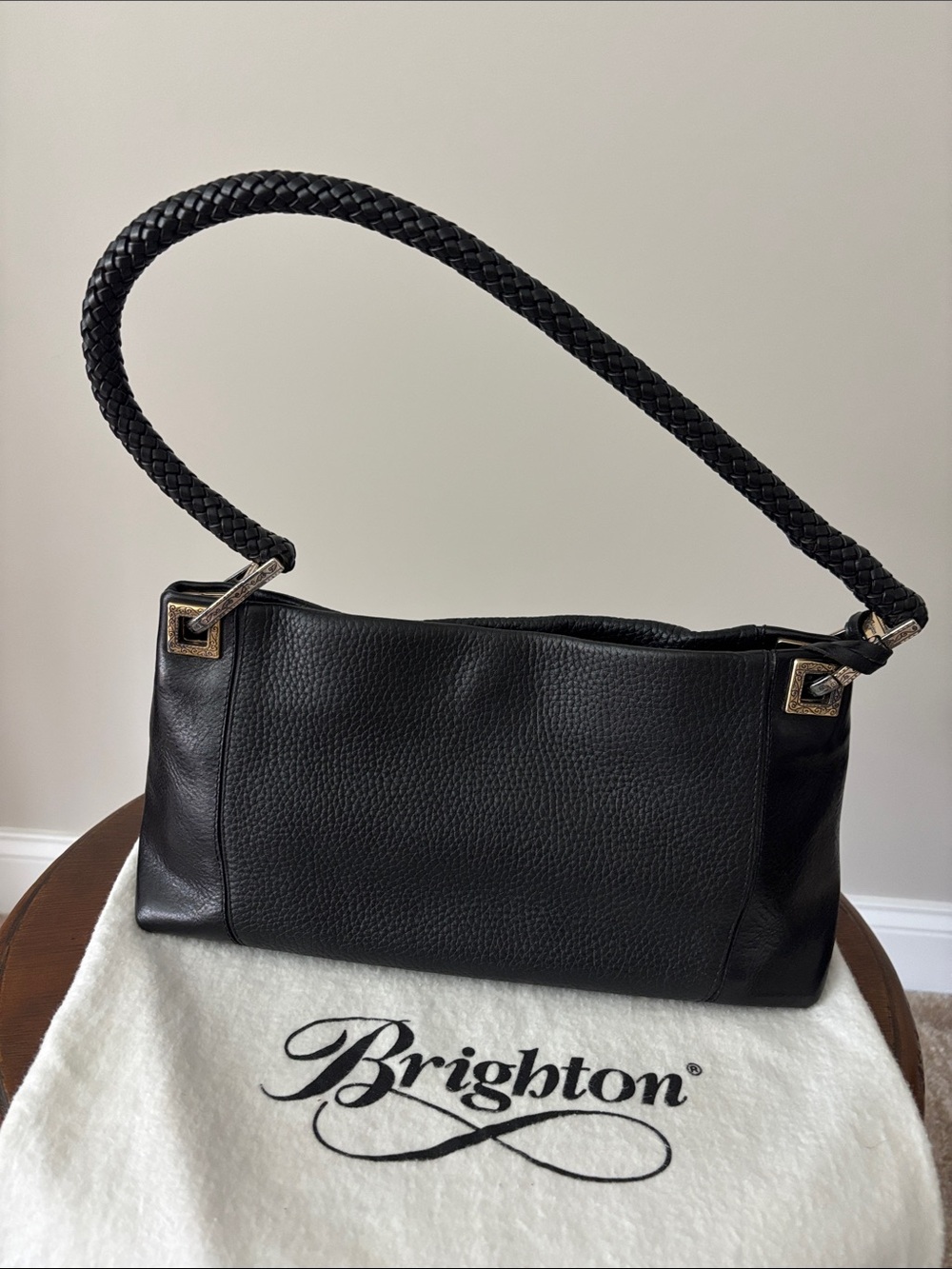 Brighton Black Braided-Handle Pebbled Leather Shoulder Bag